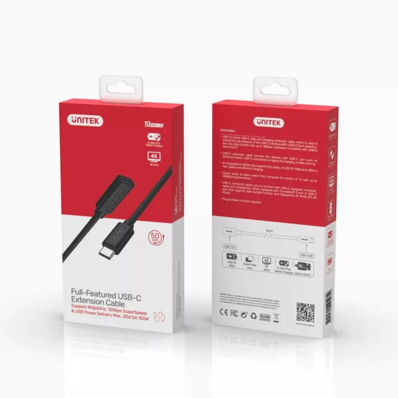 Cable USB-C UNITEK – USB 3.2 Gen 2 (3.1 Gen 2) – 0,5 m negro