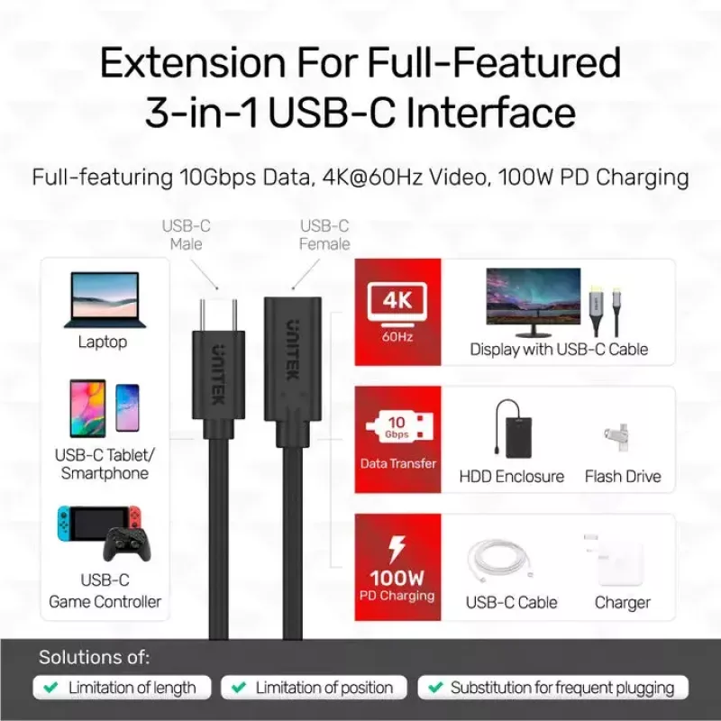 Unitek C14086BK-1.5M cable alargador USB-C (M/H), 10 Gbps, 4K, PD 100 W, 1,5 m, negro