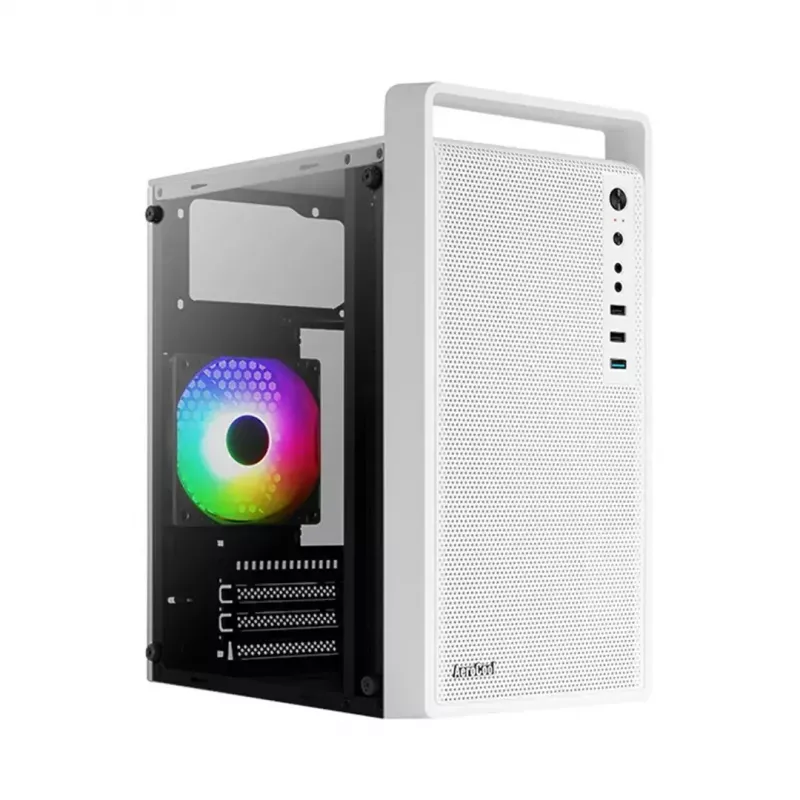Caja de PC AEROCOOL PGS CS-109-G-WT-v1 mini torre SPCC blanca — microATX, hasta 26 cm GPU, FRGB, frontal de malla