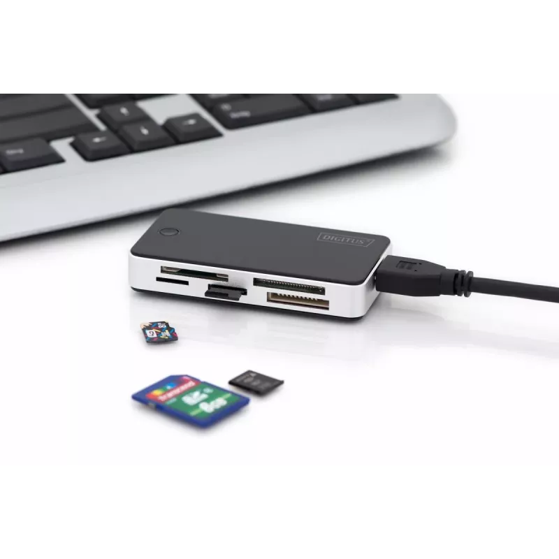 Lector de tarjetas DIGITUS USB 3.0, compatible con tarjetas MS/SD/SDHC/MiniSD/M2/CF/MD/SDXC, cable con conector USB-A de 1M
