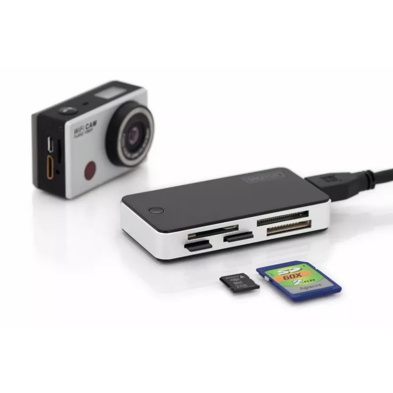 Lector de tarjetas DIGITUS USB 3.0, compatible con tarjetas MS/SD/SDHC/MiniSD/M2/CF/MD/SDXC, cable con conector USB-A de 1M