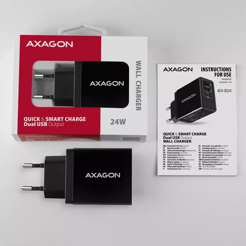 Cargador de pared Axagon ACU-QS24 QUICK and SMART, 2x conector USB QC3.0/AFC/FCP + 5V-1,2A, 24W