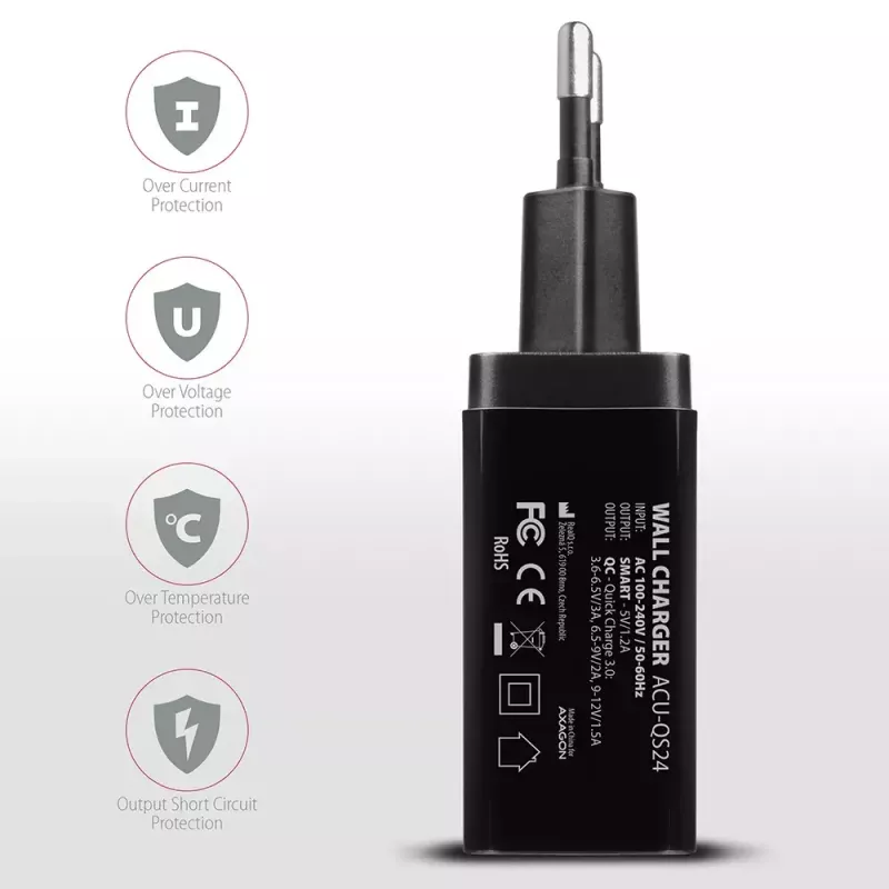 Cargador de pared Axagon ACU-QS24 QUICK and SMART, 2x conector USB QC3.0/AFC/FCP + 5V-1,2A, 24W
