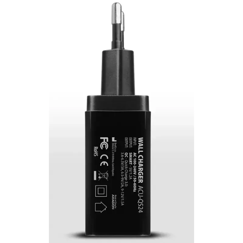 Cargador de pared Axagon ACU-QS24 QUICK and SMART, 2x conector USB QC3.0/AFC/FCP + 5V-1,2A, 24W
