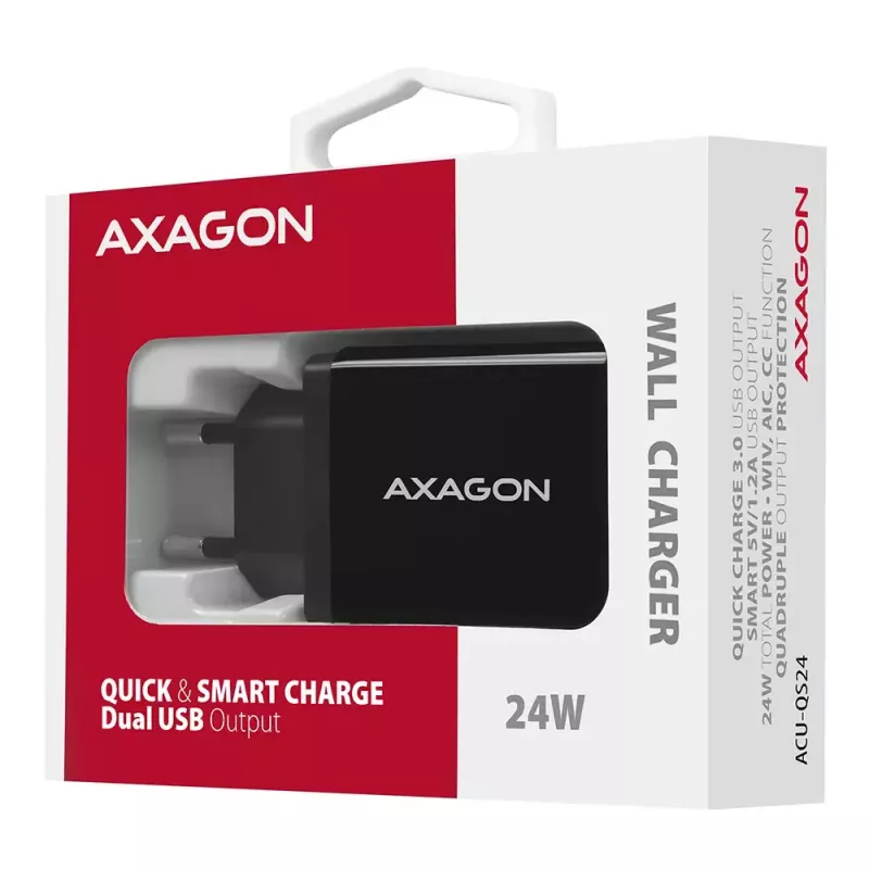 Cargador de pared Axagon ACU-QS24 QUICK and SMART, 2x conector USB QC3.0/AFC/FCP + 5V-1,2A, 24W