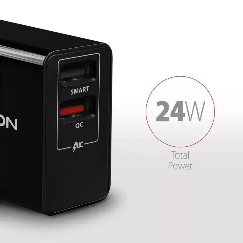 Cargador de pared Axagon ACU-QS24 QUICK and SMART, 2x conector USB QC3.0/AFC/FCP + 5V-1,2A, 24W