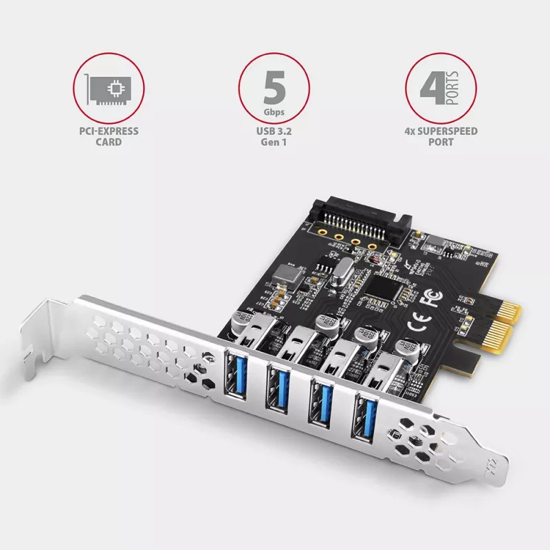 Tarjeta PCIe Axagon PCEU-43RS - 4 puertos USB 5 Gbps, alimentación dual, Renesas PD720201, SP y LP