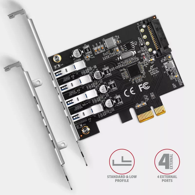 Tarjeta PCIe Axagon PCEU-43RS - 4 puertos USB 5 Gbps, alimentación dual, Renesas PD720201, SP y LP