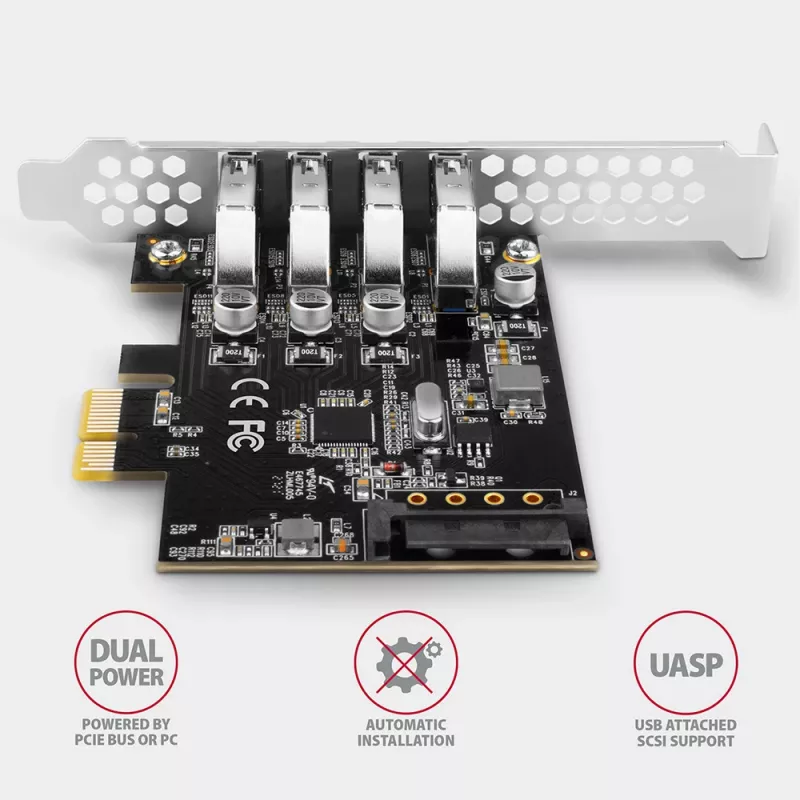 Tarjeta PCIe Axagon PCEU-43RS - 4 puertos USB 5 Gbps, alimentación dual, Renesas PD720201, SP y LP