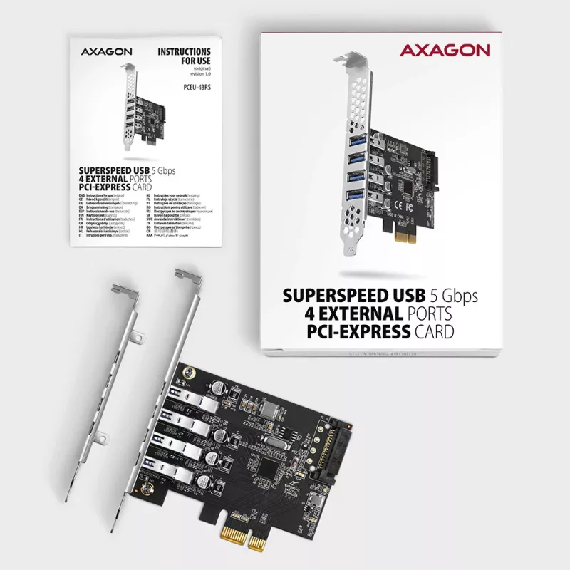 Tarjeta PCIe Axagon PCEU-43RS - 4 puertos USB 5 Gbps, alimentación dual, Renesas PD720201, SP y LP