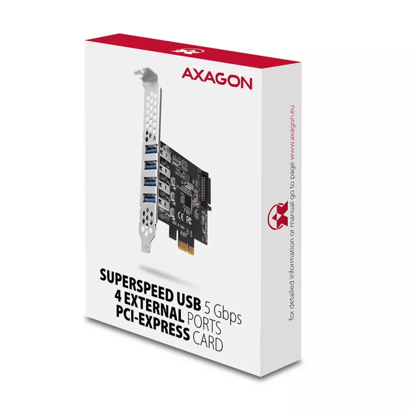 Tarjeta PCIe Axagon PCEU-43RS - 4 puertos USB 5 Gbps, alimentación dual, Renesas PD720201, SP y LP