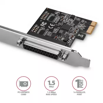 Axagon PCEA-P1N PCIe - 1 adaptador de puerto paralelo con SP y LP, PCIe, Paralelo, Hembra, Full-height / Low-profile, PCIe 2.0, China
