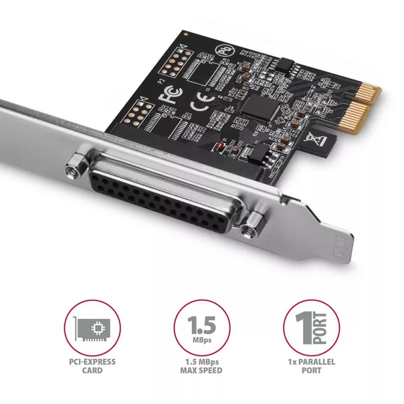 Axagon PCEA-P1N PCIe - 1 adaptador de puerto paralelo con SP y LP, PCIe, Paralelo, Hembra, Full-height / Low-profile, PCIe 2.0, China