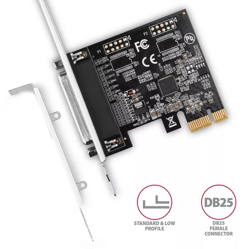 Axagon PCEA-P1N PCIe - 1 adaptador de puerto paralelo con SP y LP, PCIe, Paralelo, Hembra, Full-height / Low-profile, PCIe 2.0, China