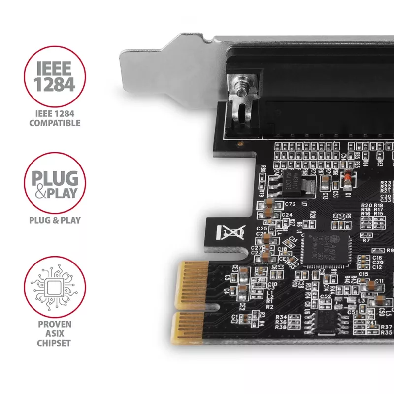 Axagon PCEA-P1N PCIe - 1 adaptador de puerto paralelo con SP y LP, PCIe, Paralelo, Hembra, Full-height / Low-profile, PCIe 2.0, China