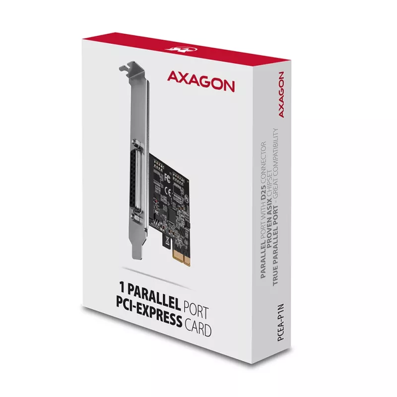 Axagon PCEA-P1N PCIe - 1 adaptador de puerto paralelo con SP y LP, PCIe, Paralelo, Hembra, Full-height / Low-profile, PCIe 2.0, China