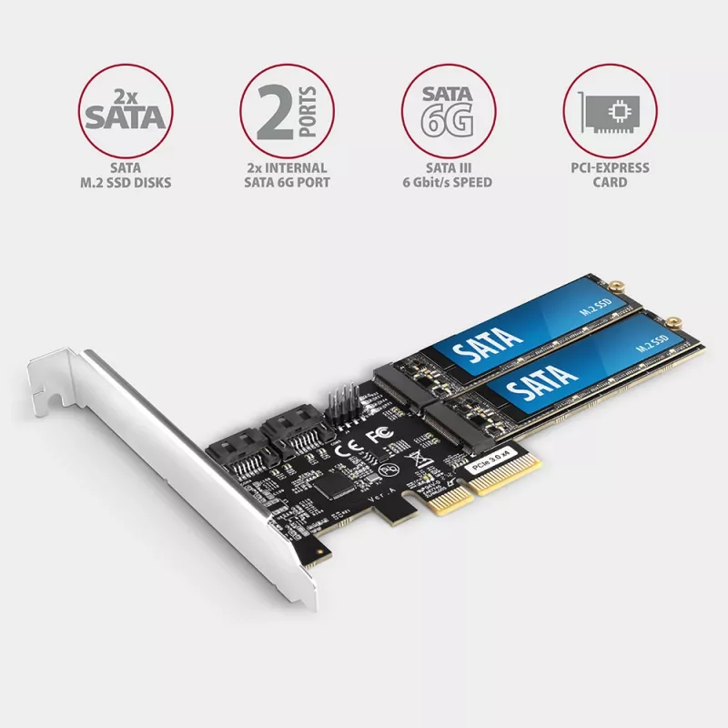 Axagon PCES-SA4M2 controlador PCIe 2 puertos SATA 6G internos + adaptador de tarjeta M.2 B-Key M.2, SATA