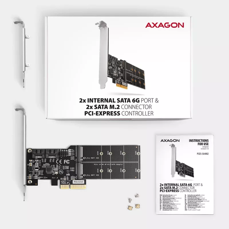 Axagon PCES-SA4M2 controlador PCIe 2 puertos SATA 6G internos + adaptador de tarjeta M.2 B-Key M.2, SATA
