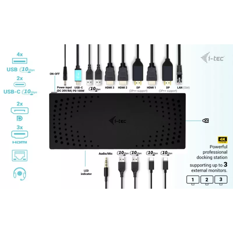 i-tec USB 3.0 / USB-C / Thunderbolt, 3x estación de acoplamiento 4K Gen 2 + Power Delivery 100W