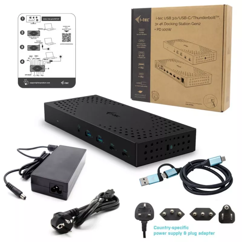 i-tec USB 3.0 / USB-C / Thunderbolt, 3x estación de acoplamiento 4K Gen 2 + Power Delivery 100W