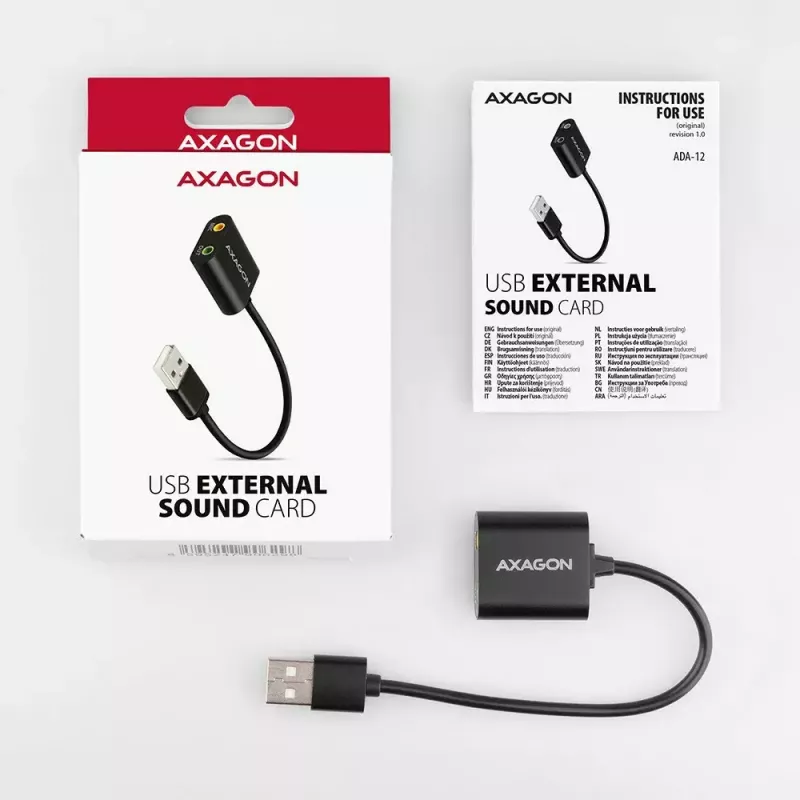 Adaptador de audio USB externo AXAGON ADA-12 con 1x jack de 3,5 mm para auriculares y micrófono