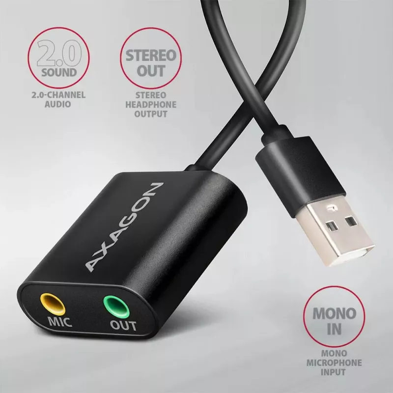 Adaptador de audio USB externo AXAGON ADA-12 con 1x jack de 3,5 mm para auriculares y micrófono