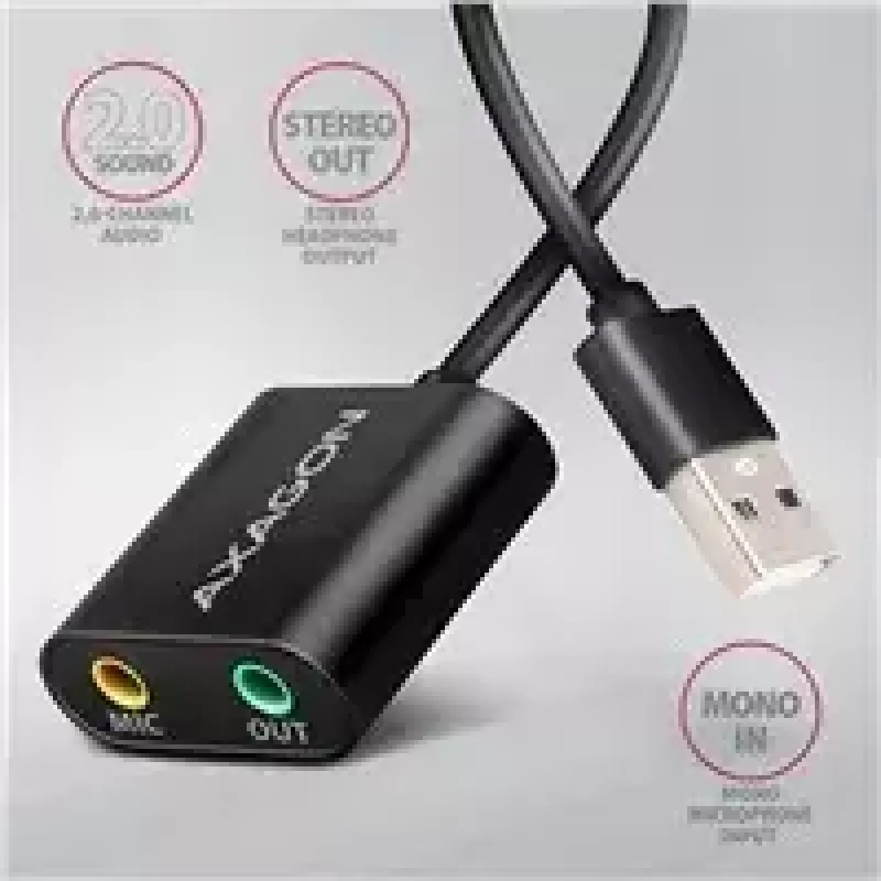 Adaptador de audio USB externo AXAGON ADA-12 con 1x jack de 3,5 mm para auriculares y micrófono