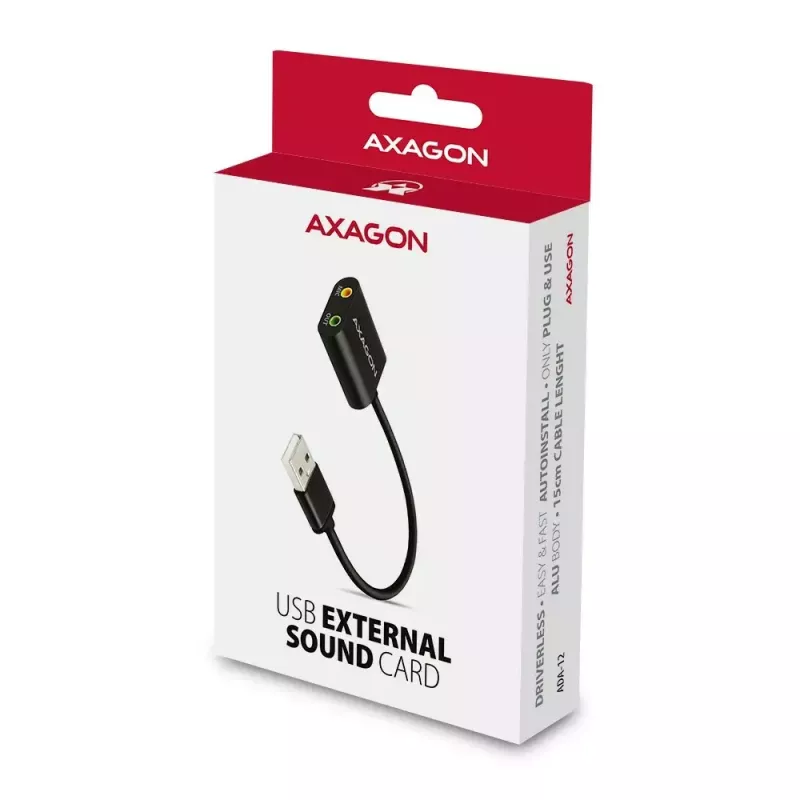 Adaptador de audio USB externo AXAGON ADA-12 con 1x jack de 3,5 mm para auriculares y micrófono