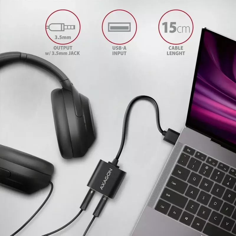 Adaptador de audio USB externo AXAGON ADA-12 con 1x jack de 3,5 mm para auriculares y micrófono