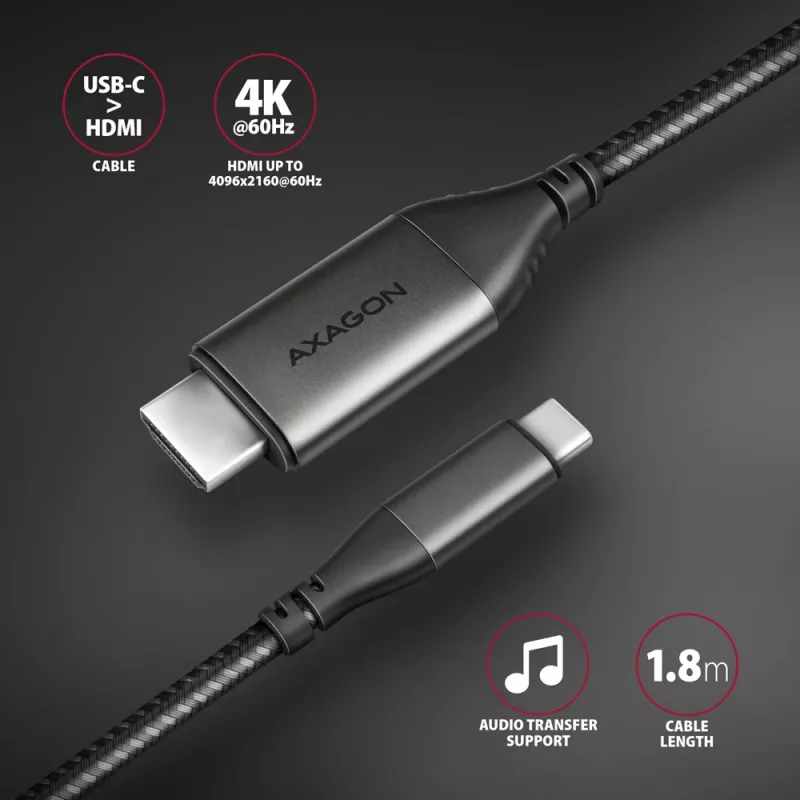 Cable Axagon RVC-HI2MC USB-C -> HDMI 2.0a 1,8m, 4K/60Hz HDR10