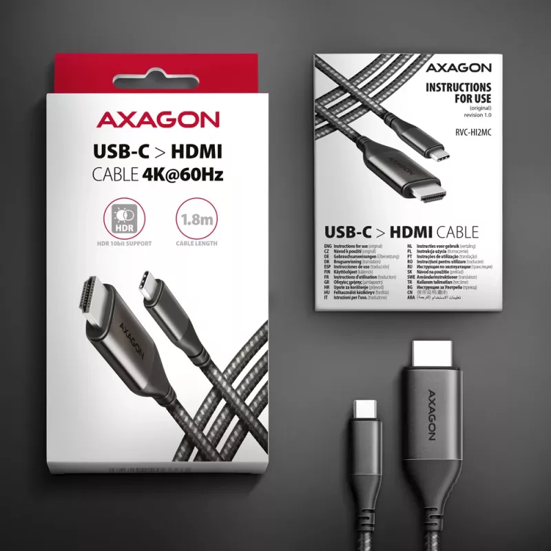 Cable Axagon RVC-HI2MC USB-C -> HDMI 2.0a 1,8m, 4K/60Hz HDR10