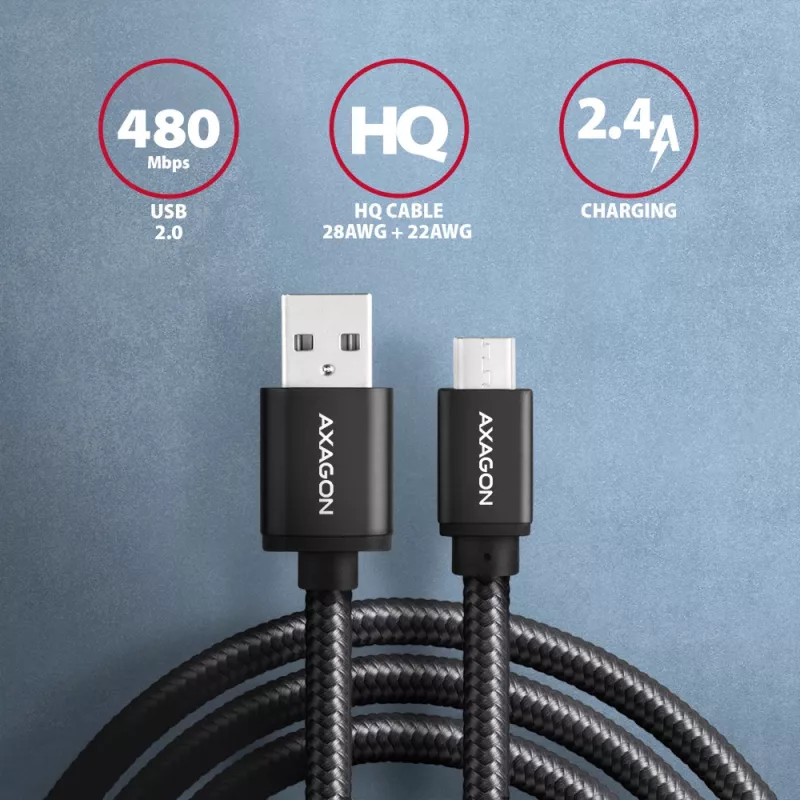 Axagon BUMM-AM10AB HQ cable Micro USB <-> USB-A, 1m, USB 2.0, 2,4A, ALU, trenzado, negro
