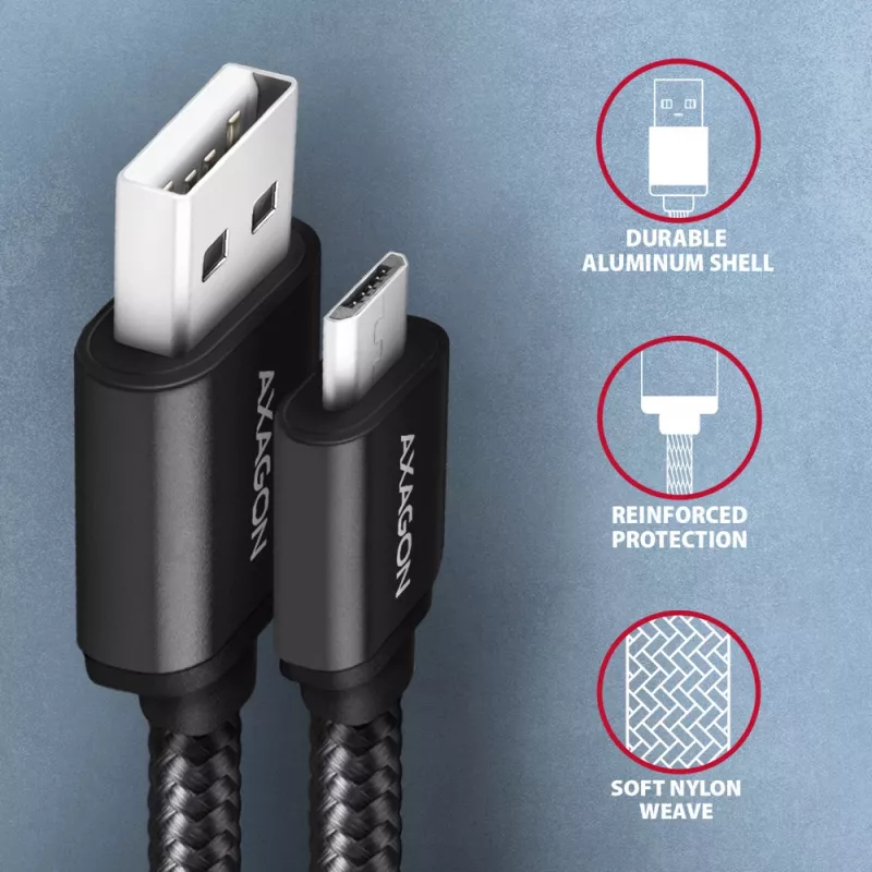 Axagon BUMM-AM10AB HQ cable Micro USB <-> USB-A, 1m, USB 2.0, 2,4A, ALU, trenzado, negro