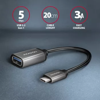 Adaptador de cable Axagon RUCM-AFAC USB-C (M) -> USB-A (H), 20 cm, USB 3.2 Gen 1, 3A, ALU
