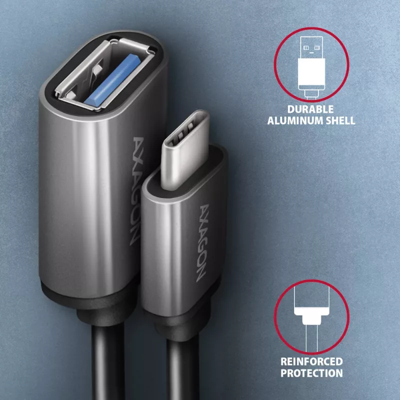 Adaptador de cable Axagon RUCM-AFAC USB-C (M) -> USB-A (H), 20 cm, USB 3.2 Gen 1, 3A, ALU