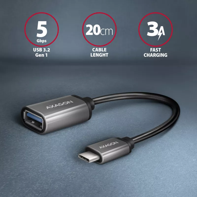 Adaptador de cable Axagon RUCM-AFAC USB-C (M) -> USB-A (H), 20 cm, USB 3.2 Gen 1, 3A, ALU