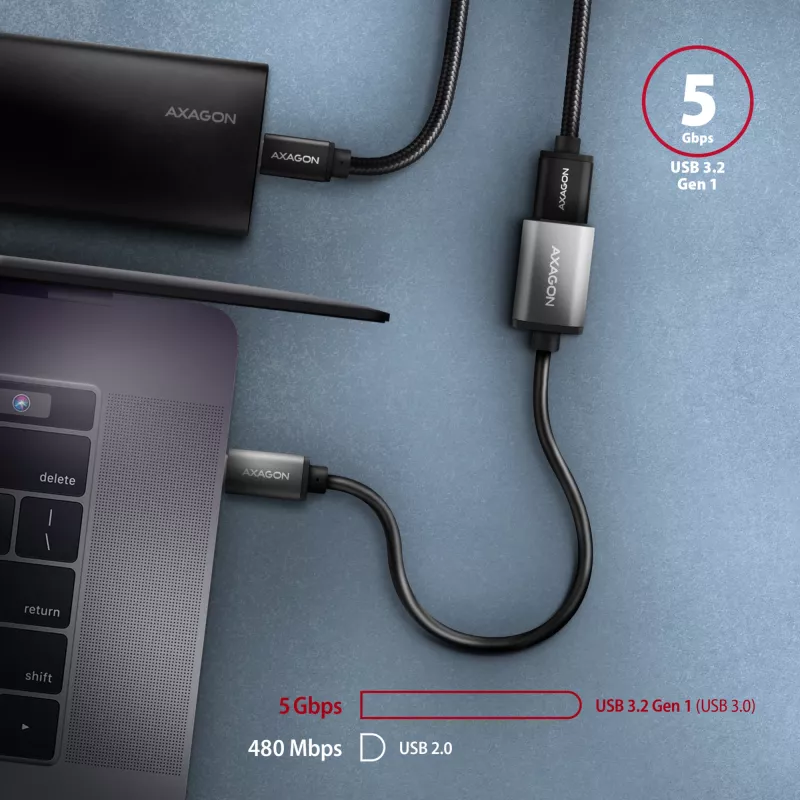 Adaptador de cable Axagon RUCM-AFAC USB-C (M) -> USB-A (H), 20 cm, USB 3.2 Gen 1, 3A, ALU