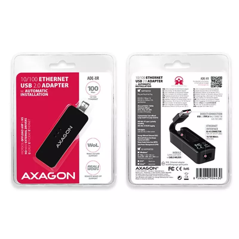 AXAGON ADE-XR adaptador de USB 2.0 Type-A a Fast Ethernet 10/100, RJ-45, Realtek RTL8152, negro, 23 g
