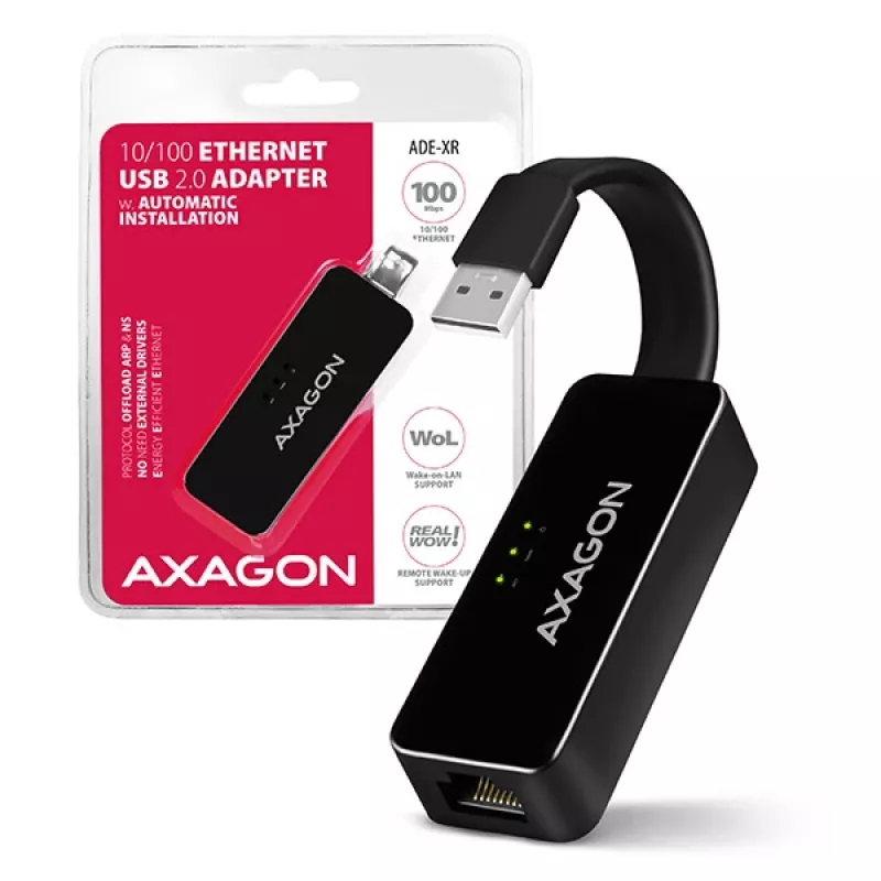 AXAGON ADE-XR adaptador de USB 2.0 Type-A a Fast Ethernet 10/100, RJ-45, Realtek RTL8152, negro, 23 g