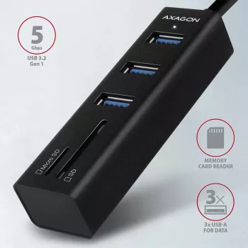 Hub multipuerto Axagon HMA-CR3A de metal USB 3.2 Gen 1 con tres puertos USB y lector de tarjetas
