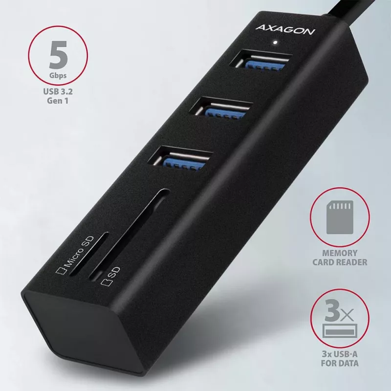 Hub multipuerto Axagon HMA-CR3A de metal USB 3.2 Gen 1 con tres puertos USB y lector de tarjetas
