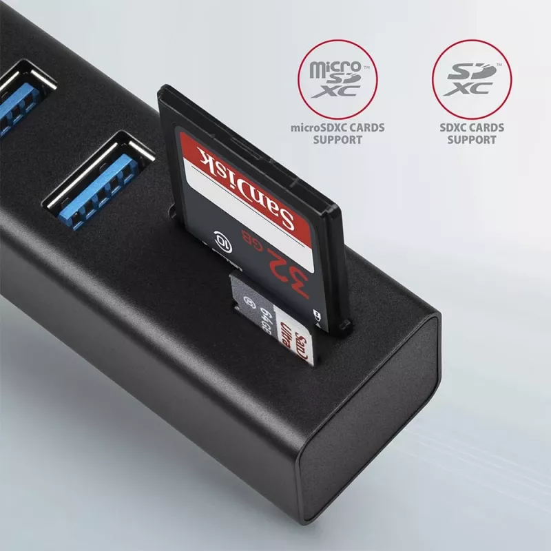 Hub multipuerto Axagon HMA-CR3A de metal USB 3.2 Gen 1 con tres puertos USB y lector de tarjetas