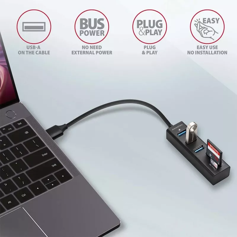 Hub multipuerto Axagon HMA-CR3A de metal USB 3.2 Gen 1 con tres puertos USB y lector de tarjetas