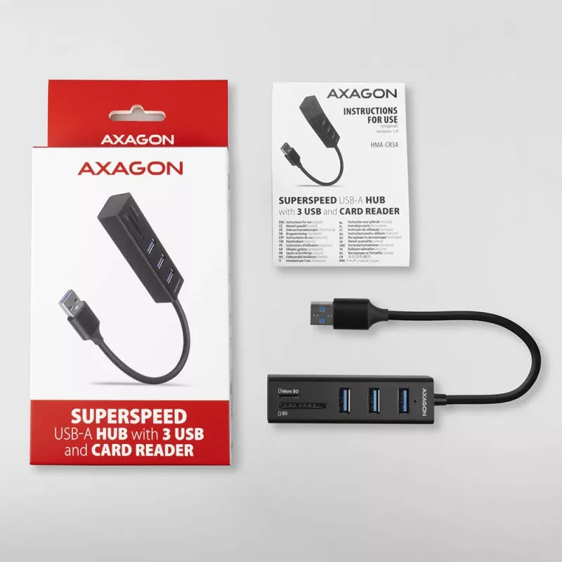 Hub multipuerto Axagon HMA-CR3A de metal USB 3.2 Gen 1 con tres puertos USB y lector de tarjetas