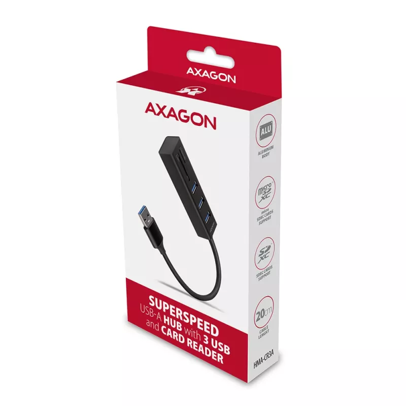 Hub multipuerto Axagon HMA-CR3A de metal USB 3.2 Gen 1 con tres puertos USB y lector de tarjetas