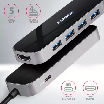 Hub Axagon HMC-6H4A USB 3.2 Gen 1, 4x USB-A, HDMI 4K/30Hz, PD 100W, cable USB-C de 20 cm