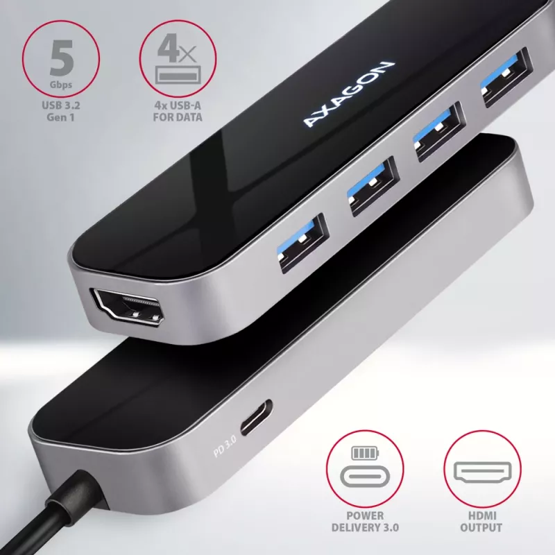 Hub Axagon HMC-6H4A USB 3.2 Gen 1, 4x USB-A, HDMI 4K/30Hz, PD 100W, cable USB-C de 20 cm
