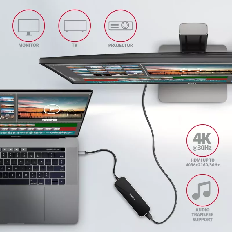 Hub Axagon HMC-6H4A USB 3.2 Gen 1, 4x USB-A, HDMI 4K/30Hz, PD 100W, cable USB-C de 20 cm