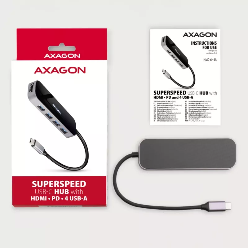 Hub Axagon HMC-6H4A USB 3.2 Gen 1, 4x USB-A, HDMI 4K/30Hz, PD 100W, cable USB-C de 20 cm