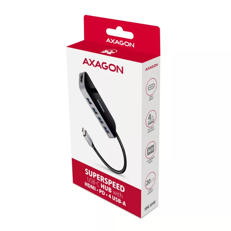Hub Axagon HMC-6H4A USB 3.2 Gen 1, 4x USB-A, HDMI 4K/30Hz, PD 100W, cable USB-C de 20 cm